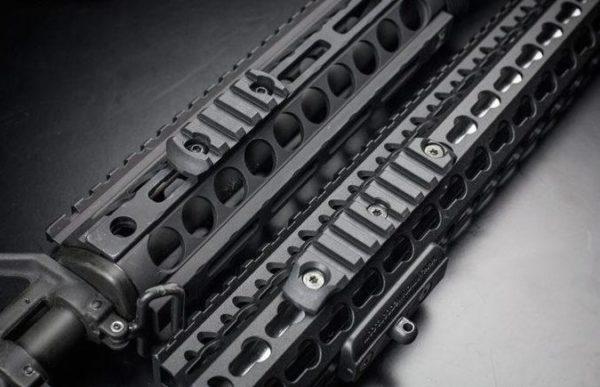 M-LOK (left) and KeyMod (right) side-by-side