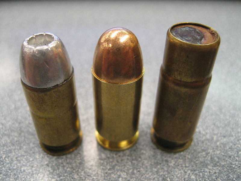 .4 ACP (L to R) hollowpoint, full-metal jacket, birdshot