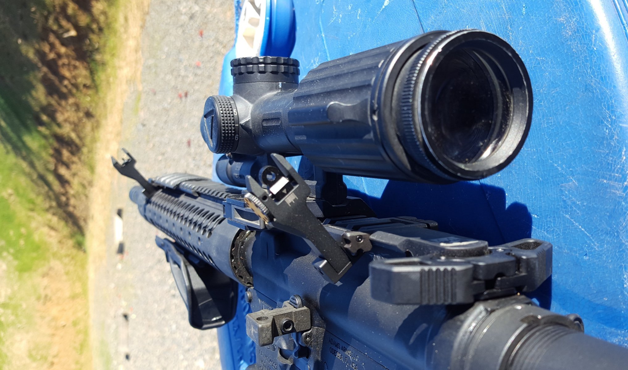 Strike Industries offset sights set up for a left-handed shooter